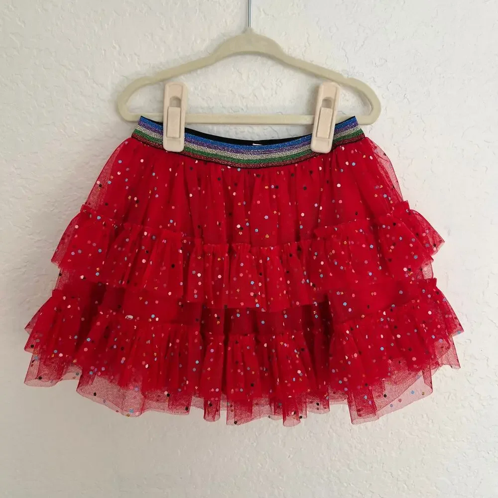 Truly Me Red Glitter Polka Dot Tiered Tulle Tutu Skirt Size 4T VGUC